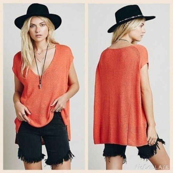 Free People Easy Tea V Neck Sweater Oversize Pullover Top Persimmon Orange Sz XS - Picture 1 of 8